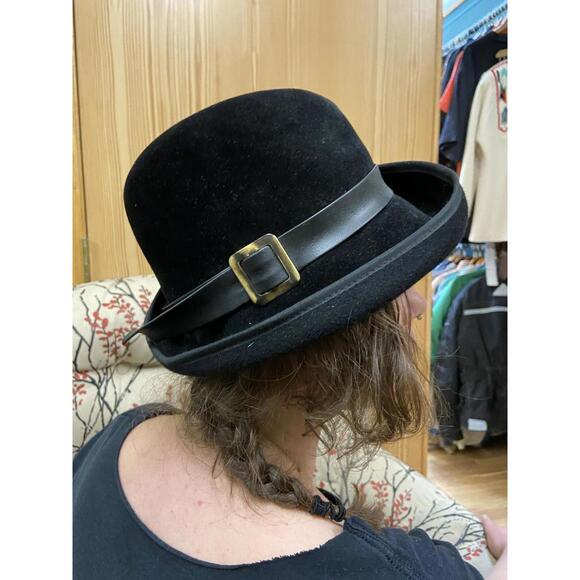 1940s–50s Black Felted Wool Pillbox Hat w/ Leather Band & Brass Buckle